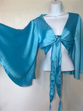 Windsor Turquoise Tie Front Satin Flare Bell Sleeve Crop Top Belly Dancer Blouse